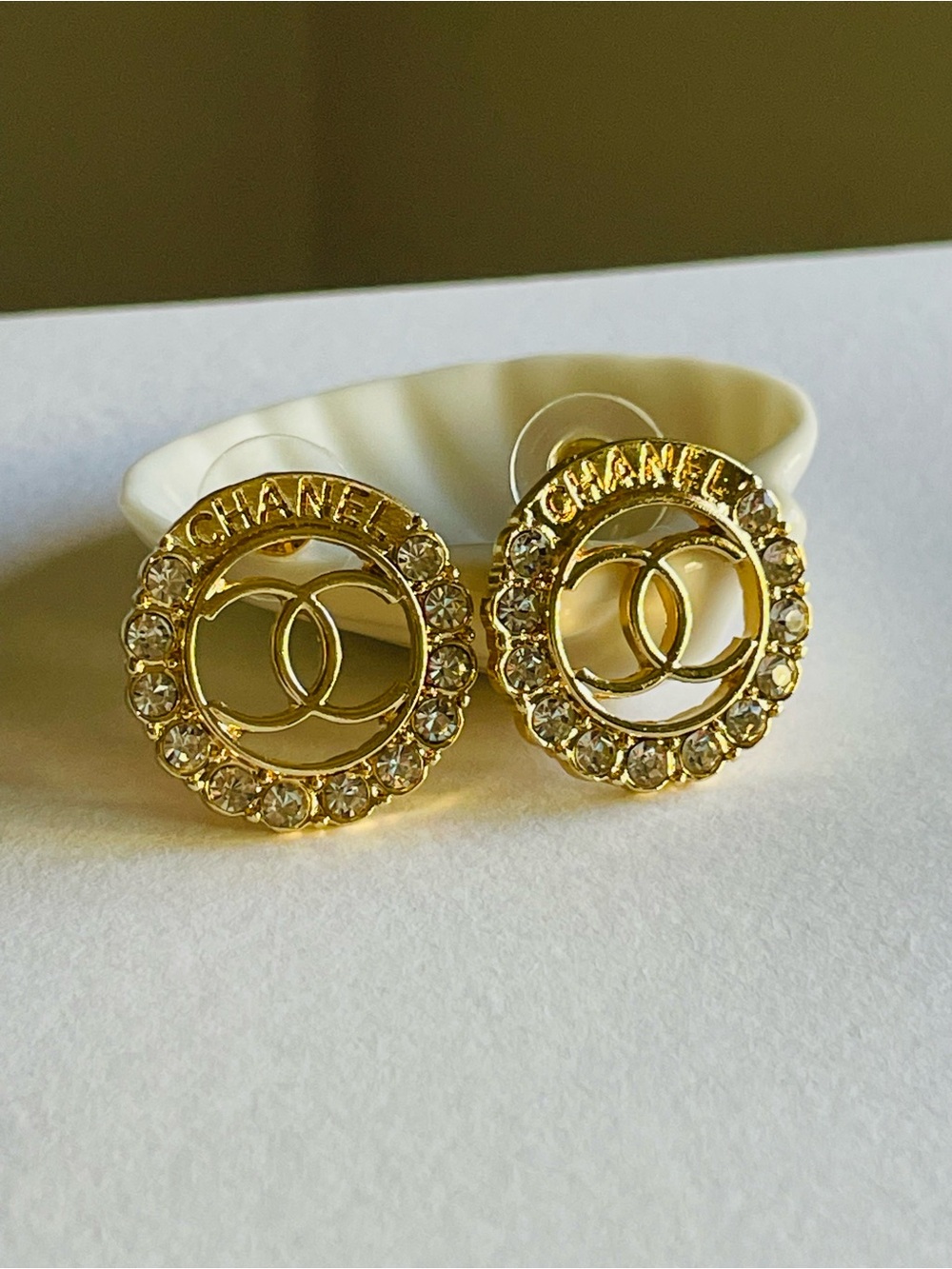 Luxe Gold-Tone CC Logo Round Earrings with Clear Crystals
